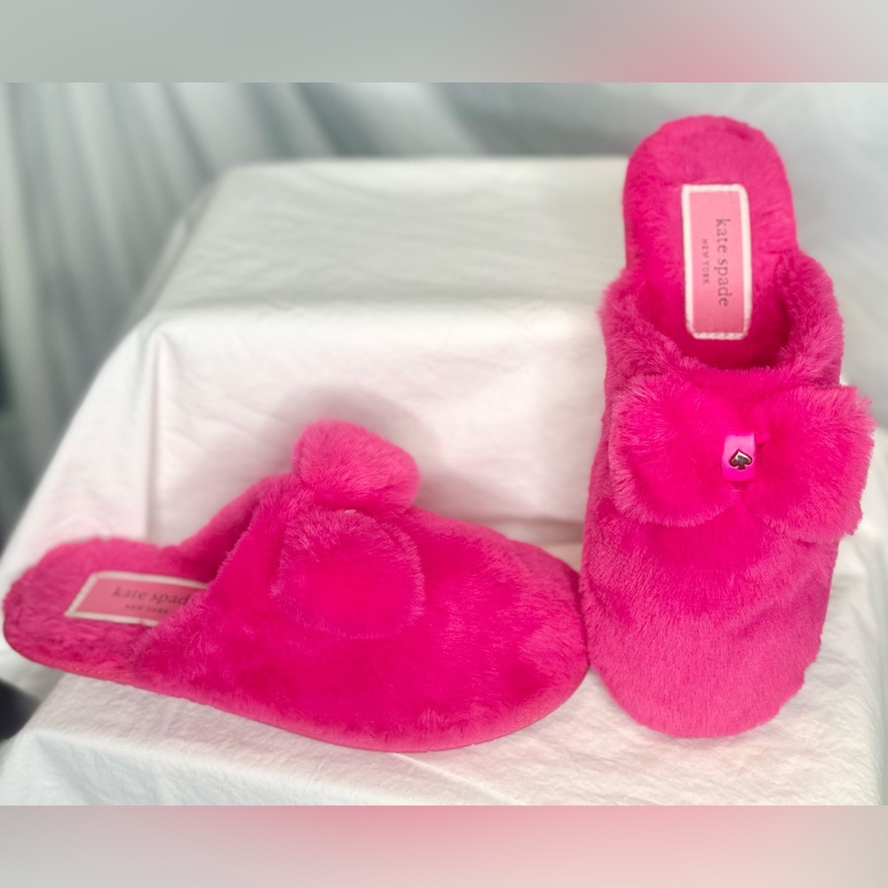 KATE SPADE Neon Hot Pink Faux Fur Slides Slippers w/ Bow Spade Logo; SIZE 7